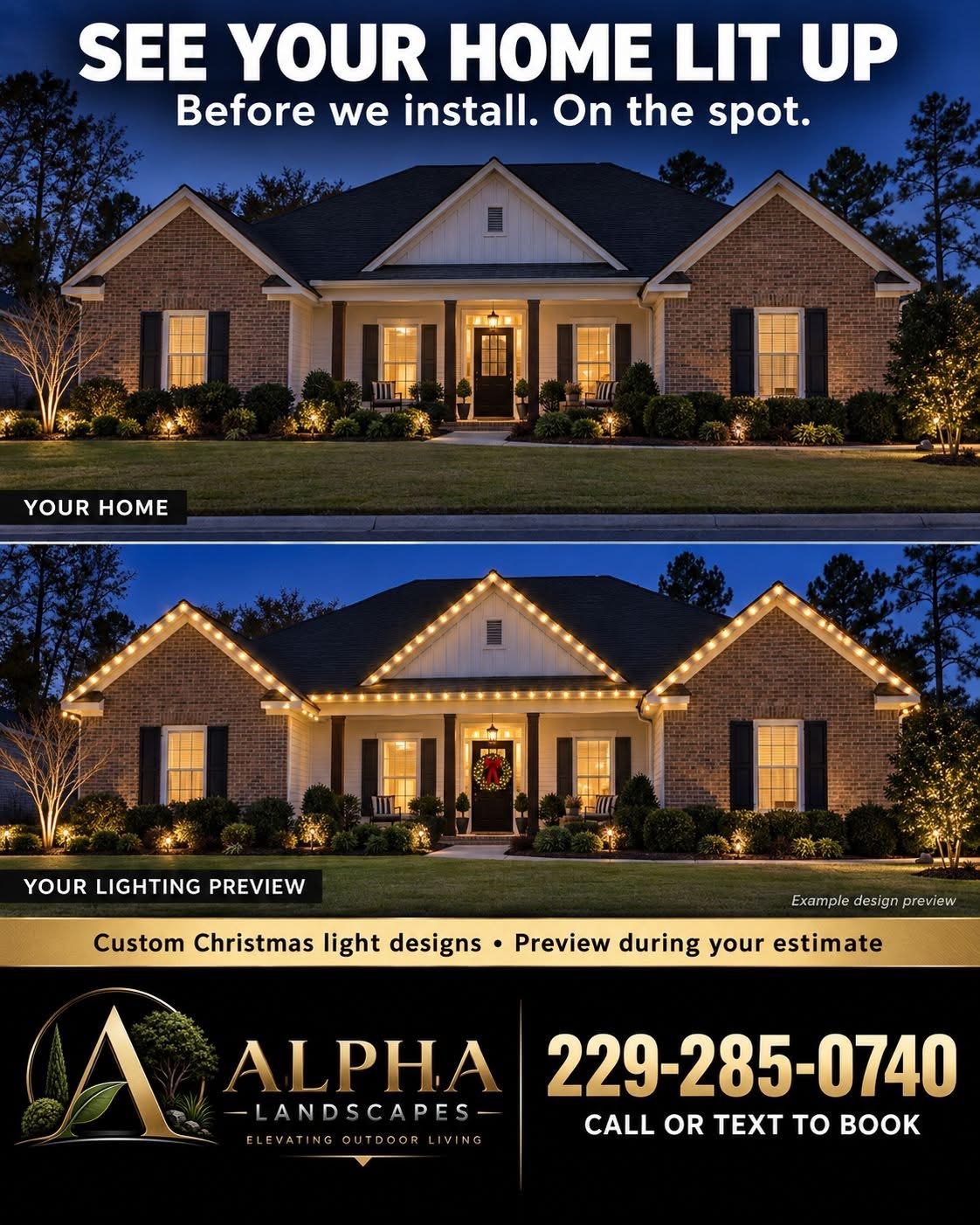 Example lighting preview: a brick home shown before and after a custom warm-white Christmas light design