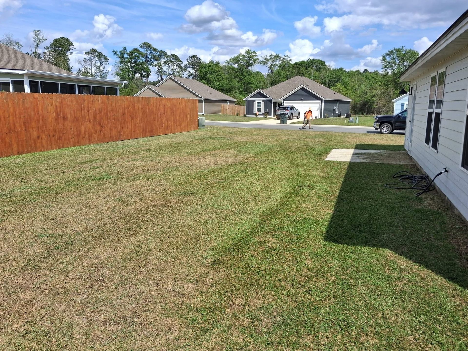 Freshly striped backyard lawn